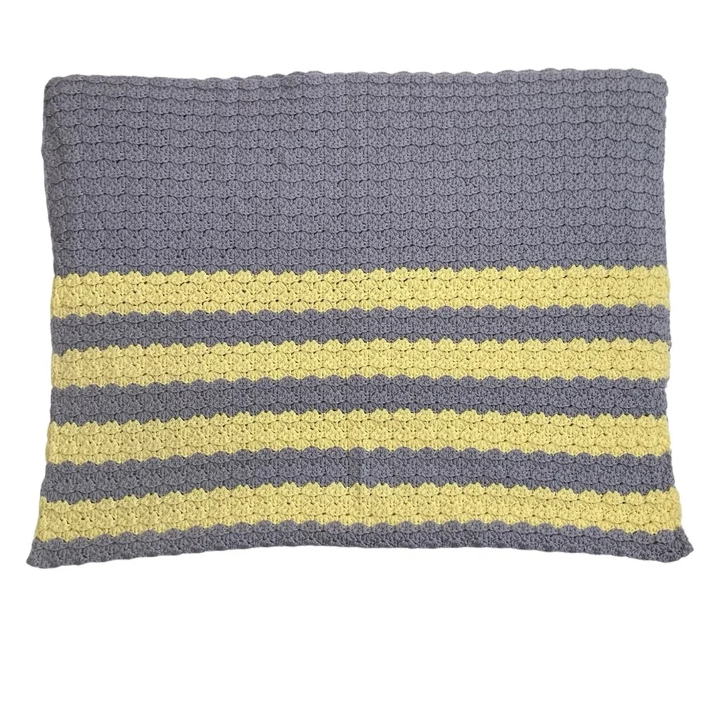 Vintage Unisex Hand Knitted Crocheted Baby Blanket Blueish Gray Yellow 36x48”